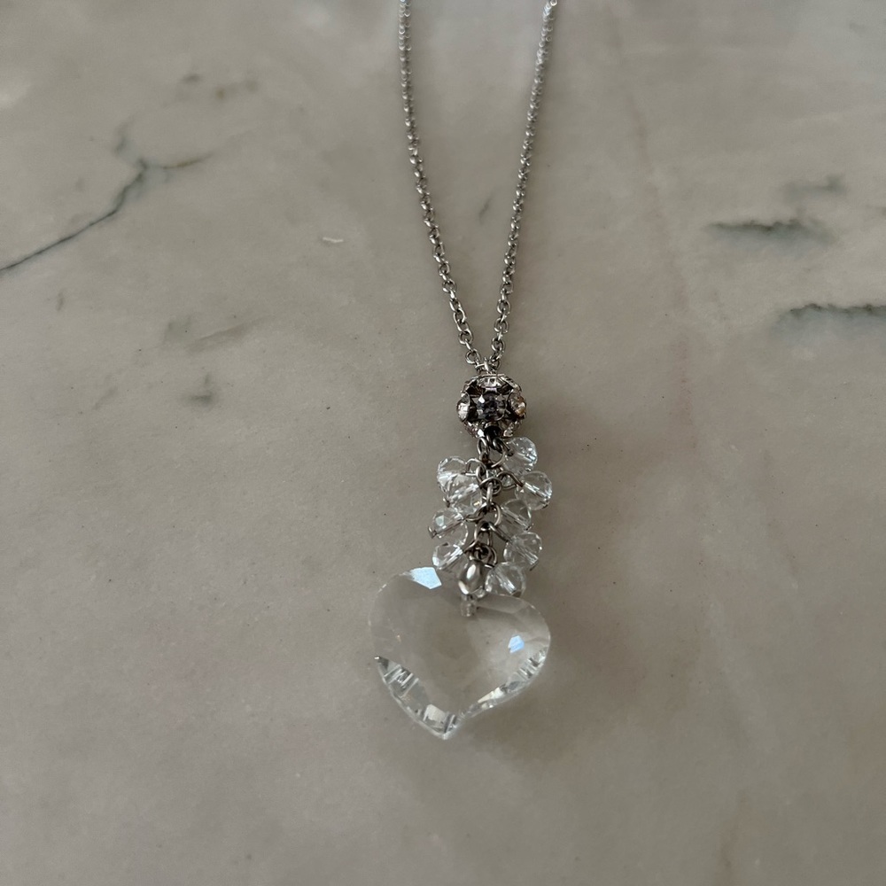 Crystal long heart rhinestone necklace pre loved costume jewelry silver chain